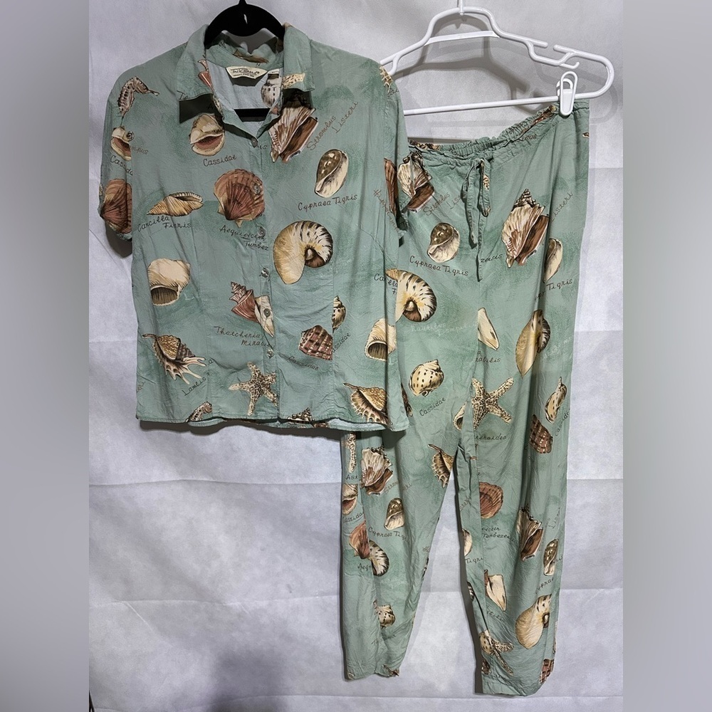 Vintage Tori Richard 2 Piece Set Outfit Women's L Top M Pants Seashell Beach